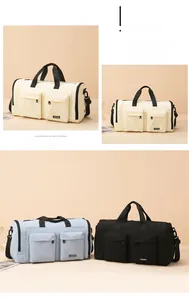 Close-up showing multi-pocket design and water-resistant fabric of the travel bag