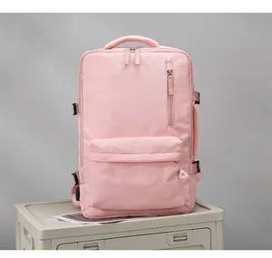 Detail of light pink multifunctional backpack featuring water-resistant fabric and side buckles