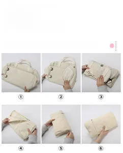 Step-by-step guide showing how to fold the large beige travel bag into a compact shape