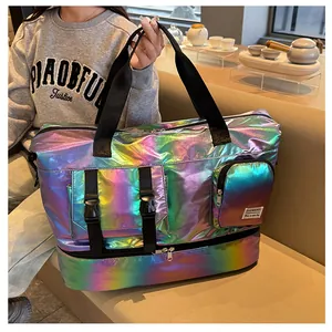 Detail of holographic waterproof gym bag with separate bottom shoe compartment