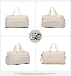 Detail view of large beige travel bag with shoe compartment and waterproof fabric