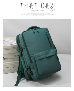Detail showing the side view of green backpack with USB port and adjustable buckle straps