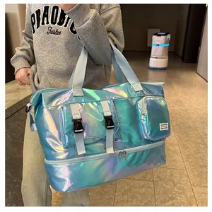 Close-up of holographic purple gym bag with dedicated shoe compartment and buckle pocket