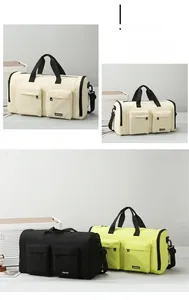 Three travel bags in beige, black and yellow with multi-pocket design and shoulder straps