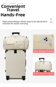 Detail of travel bag trolley sleeve and back zipper pocket for luggage attachment