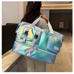 Detailed back view of large holographic sports bag with multi-pocket and shoe compartment