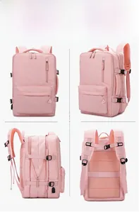 Detail view of light pink backpack featuring breathable mesh back and padded shoulder straps