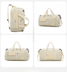 Detailed views of beige travel duffel bag with adjustable straps and multiple zip pockets