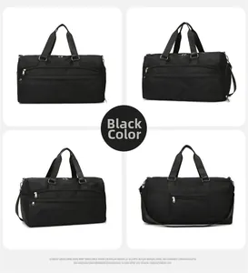 Four-angle view of black travel duffel bag with waterproof fabric and adjustable strap