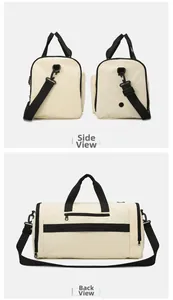 Detailed views of the side and back of the beige travel bag with black shoulder straps