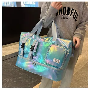 Detailed holographic blue fitness bag with independent shoe compartment and waterproof material