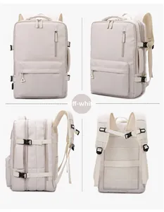 Detailed views of an off-white travel backpack showing waterproof fabric and mesh back