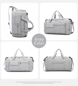 Detailed views of gray water-resistant nylon travel bag showing versatile carrying modes