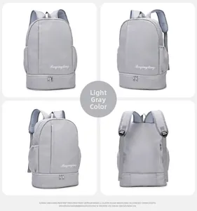 Detailed four-way view of light grey travel backpack with separate dry and wet storage