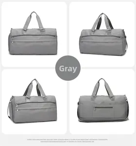 Detailed views of grey waterproof travel bag with adjustable straps and multiple pockets