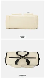 Top and bottom view of beige canvas travel bag with black handles and zipper detail