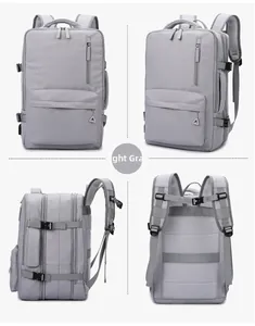 Detailed four-view composite of light grey waterproof business backpack showing all angles