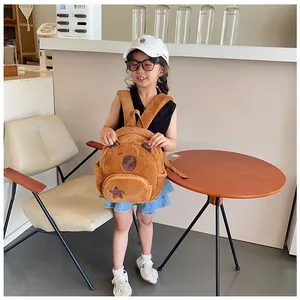 Detailed texture of brown plush capybara backpack featuring soft faux fur and bear ears