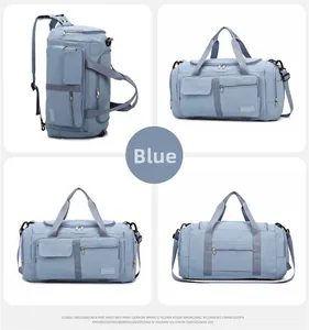 Light blue travel bag showing convertible straps for hand, shoulder, and backpack carry