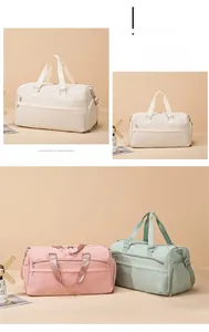 Detail showing high-density waterproof nylon travel bags in beige, pink and green tones