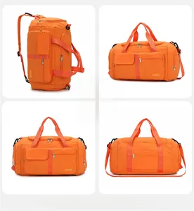 Detail showing orange waterproof nylon fitness bag with reinforced handles and buckles
