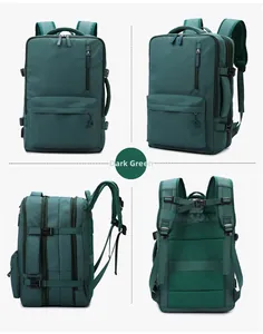 Detailed views of dark green travel backpack showing multiple zip pockets and mesh back padding