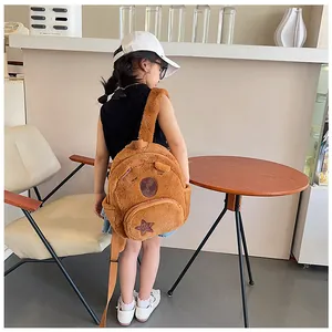 Brown plush capybara backpack shown on a child model to display size and fit