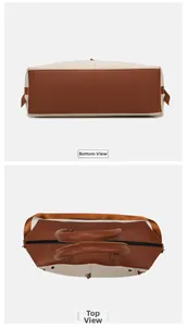 Detail view showing bottom and top construction of canvas travel bag with leather accents