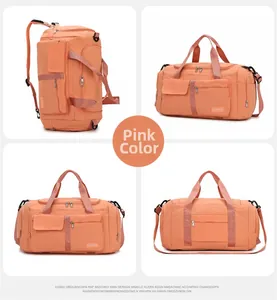 Pink travel bag with durable fabric, showing multiple carrying modes and storage pockets