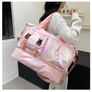 Pink holographic waterproof travel bag with double handles and dry wet separation compartment