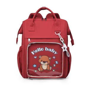 Zaino mamma rosso scuro con tasca trasparente e design termico per neonati e bimbi