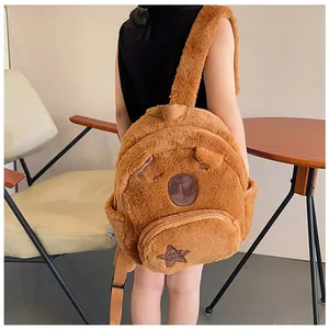 Detailed back view of a plush brown Capybara backpack on a child in a cozy home setting
