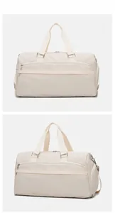 Detail view of large travel duffel bag with shoe compartment and waterproof fabric