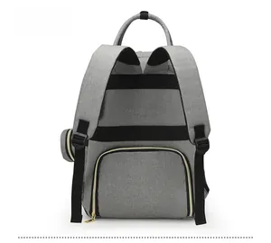 Grey maternity backpack rear view featuring luggage strap and hidden zipper pocket