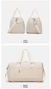 Detailed side and back view of travel duffel bag with shoe compartment and strap