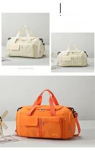 Close-up of waterproof travel bag pockets with adjustable strap and dual colors