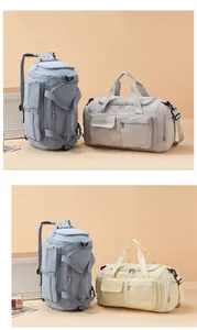 Detailed view of durable nylon travel and gym bags in various colors and designs