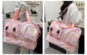 Pink iridescent gym bag with multi-pocket design and separate dry-wet shoe compartment