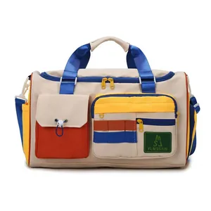 Large colorful travel duffle bag with multi-pocket contrast design for fitness and sports