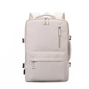 Minimalist beige travel backpack with large capacity and multi-functional laptop compartments