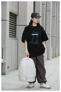 Detail view of large beige travel backpack with dry-wet separation and shoe compartment