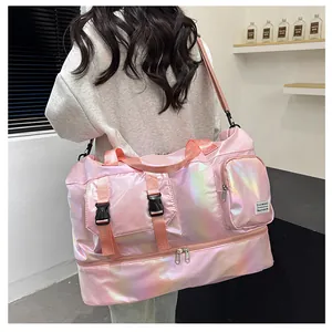 Macro detail of waterproof pearlescent pink gym bag with shoe compartment and side pockets