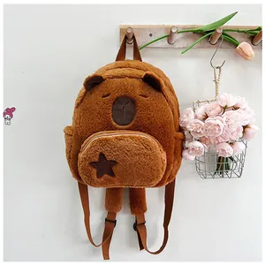 Detail of Capybara plush backpack featuring embroidered face and star-shaped logo patch