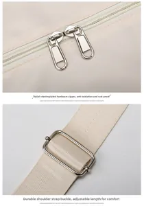 Close-up of travel bag silver zippers and adjustable strap buckle on beige fabric