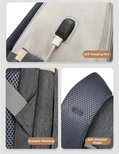 Detail of USB charging port, reinforced stitching and breathable mesh shoulder straps