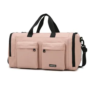 Pink multi-pocket travel bag with independent shoe compartment and adjustable strap