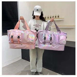 Detailed view of iridescent waterproof fitness bags with bottom shoe compartment for women
