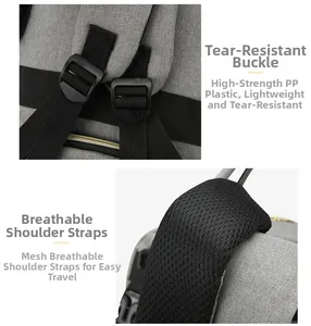Detail of durable PP buckles and breathable honeycomb mesh shoulder straps on the backpack