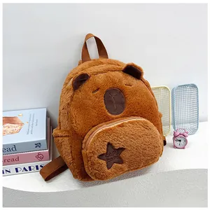 Detailed plush capybara backpack featuring soft brown faux fur and star embroidery