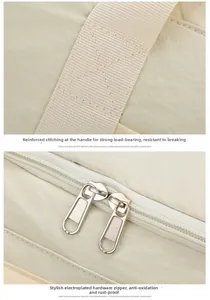 Detail of reinforced stitching on handles and durable electroplated metal zippers of the bag
